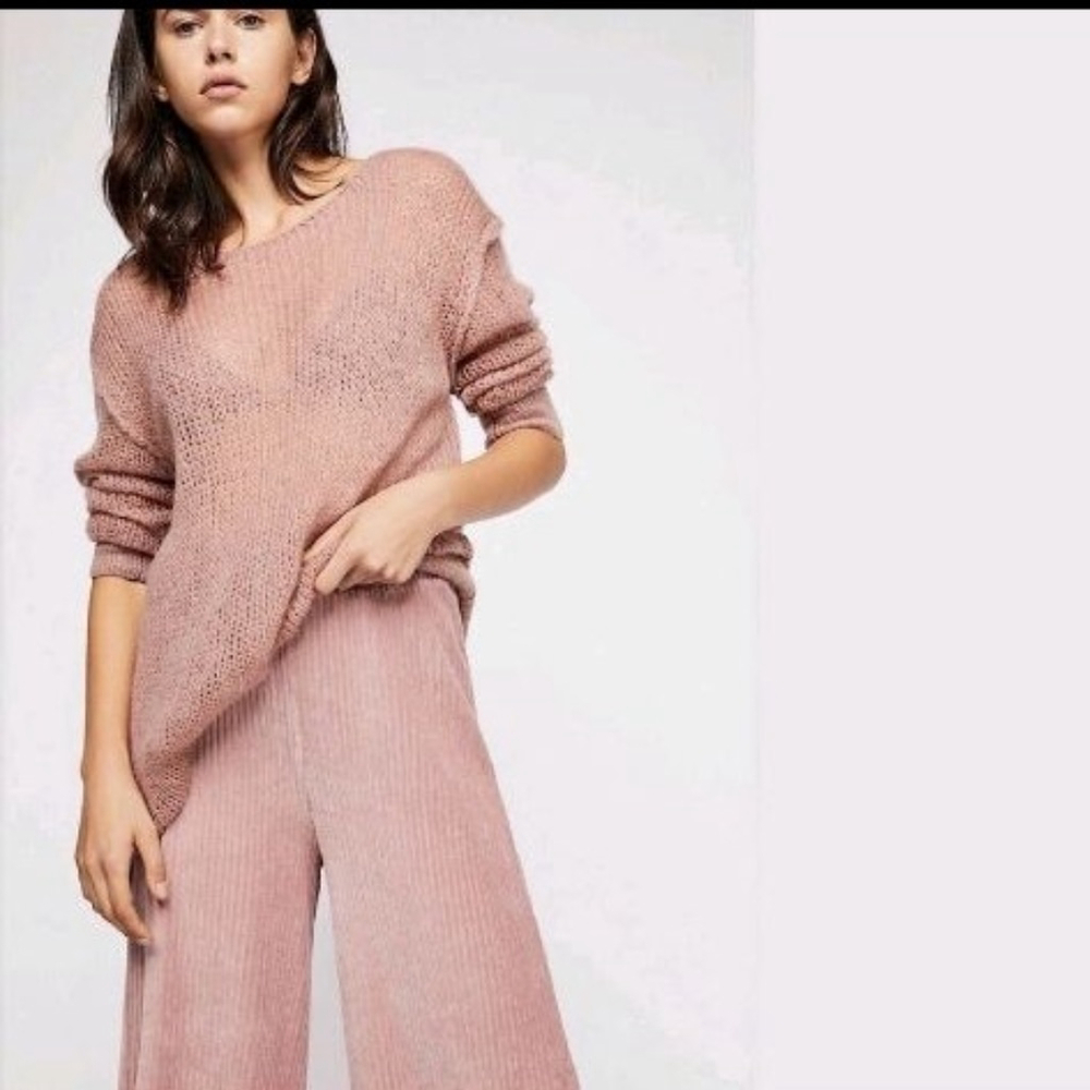 Women's Free People Soft Pink Boho Revival Ribbed Wide Leg Pallazo Pants S